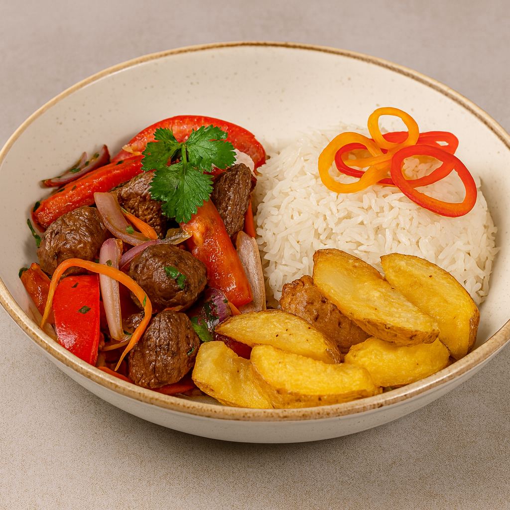 Lomo saltado con papas doradas y arroz graneado