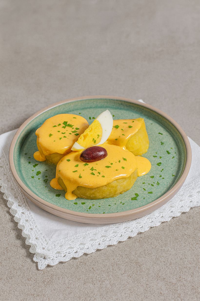 Papa a la huancaína con huevo y aceituna